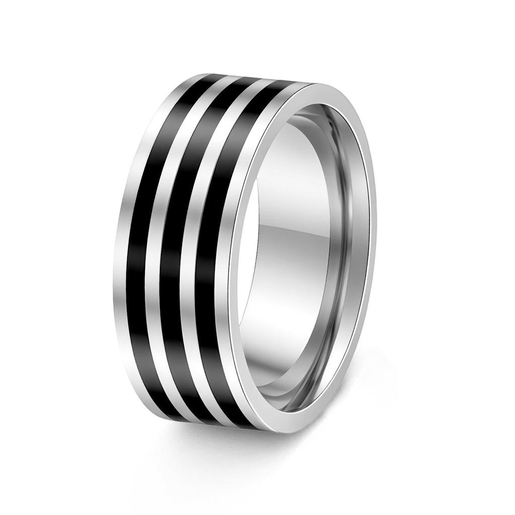 Japanese Korean INS Style Black Stripe Stainless Steel Couple Ring Set