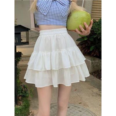 White Sweet Pleated A-line Skirt Women Ruffles Kawaii Preppy Style Elastic Waist Slim Skirts Korean Simple Casual Clothing 2024