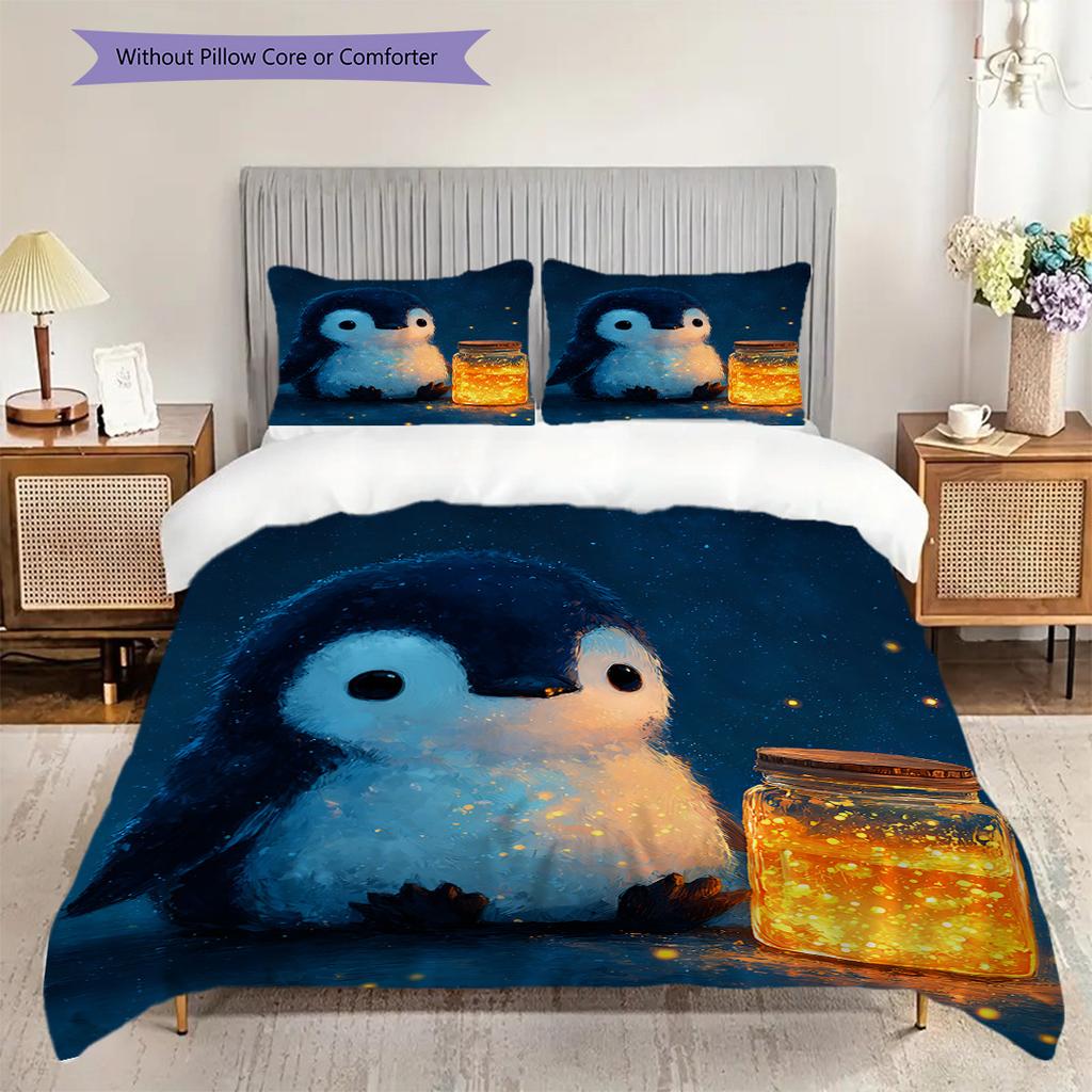 Pinguinmuster Bettwäsche Steppdecke Set Bettbezug Kissenbezug Heimdekoration Geburtstagsgeschenk (1 Bettbezug + 2 Kissenbezüge, ohne Füllung)