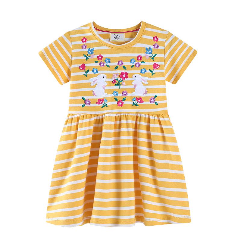 Girls Cartoon Embroidered Striped Short-Sleeve Dress - Summer 2026 Collection 4T (100-110cm)