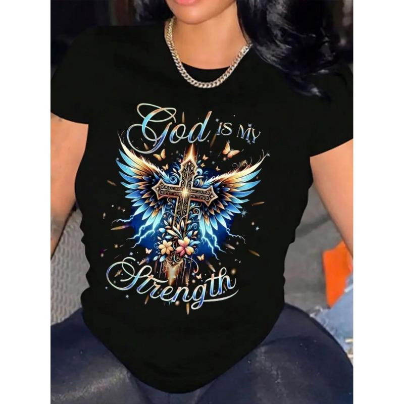 

European Size God is My Strength Women S T-Shirt | Comfortable Round Neck, Casual, Short Sleeve, Soft Breathable Top, Spring/Summer Streetwear 4XL