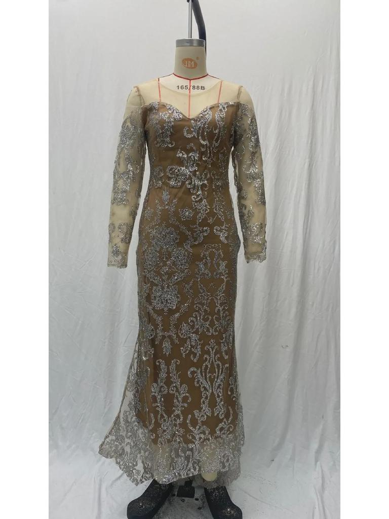 2025 Spring European & American Women's Hot Stamping Long-Sleeved Slim Evening Dress