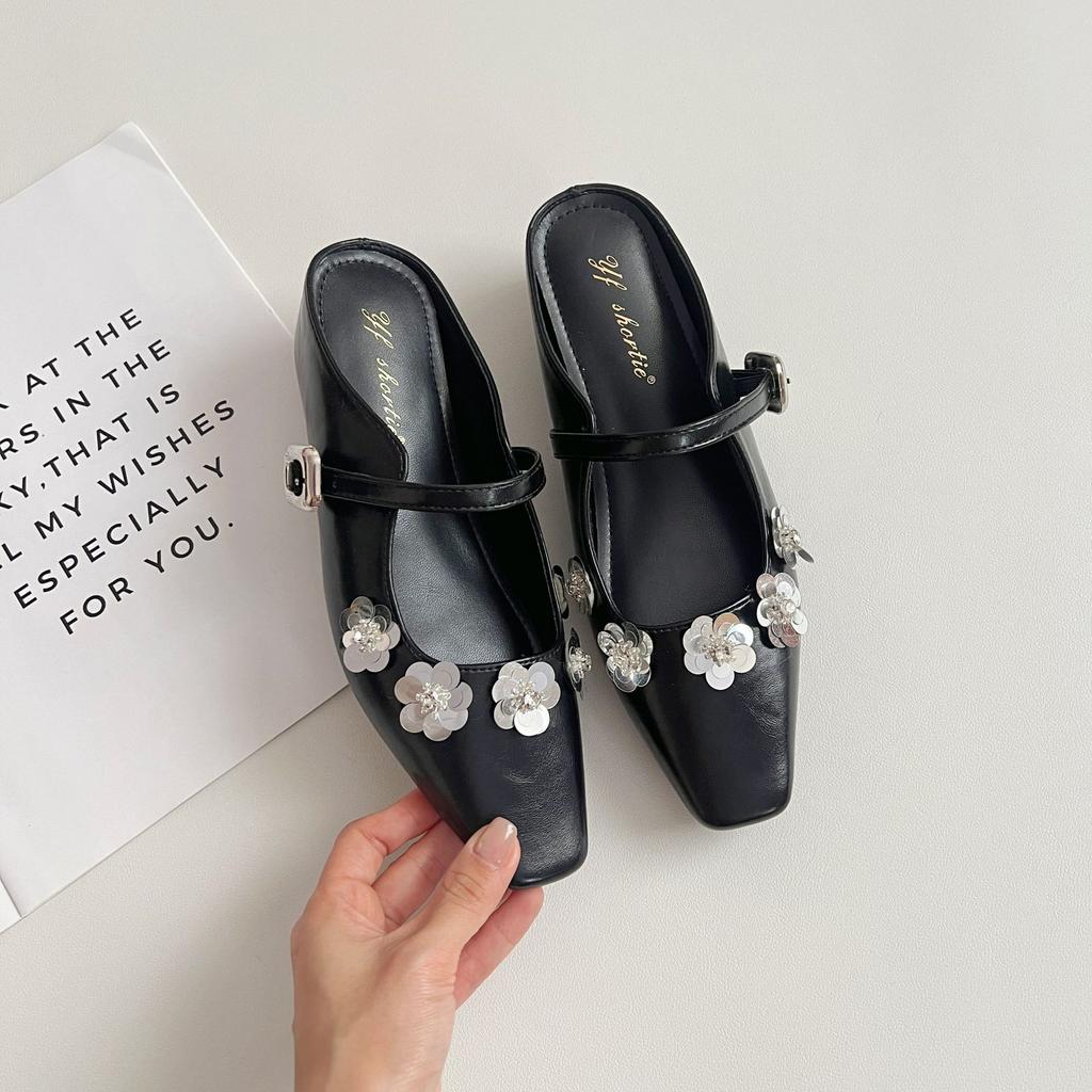 Damskor med inre höjdökning strass + paljettblomma väskhuvud halvsläp damsandaler 2025 vår nya high-end enbands