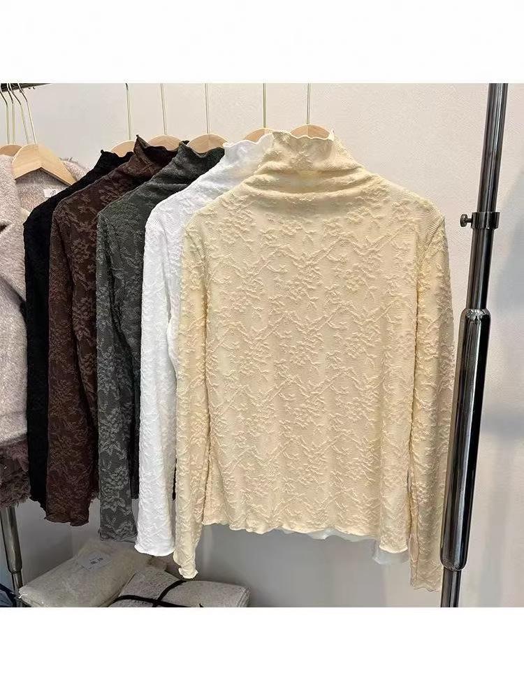 Women's High-Neck Lace Jacquard Base Layer Top - Fleece or Thin-Lined for Autumn & Winter Warmth.