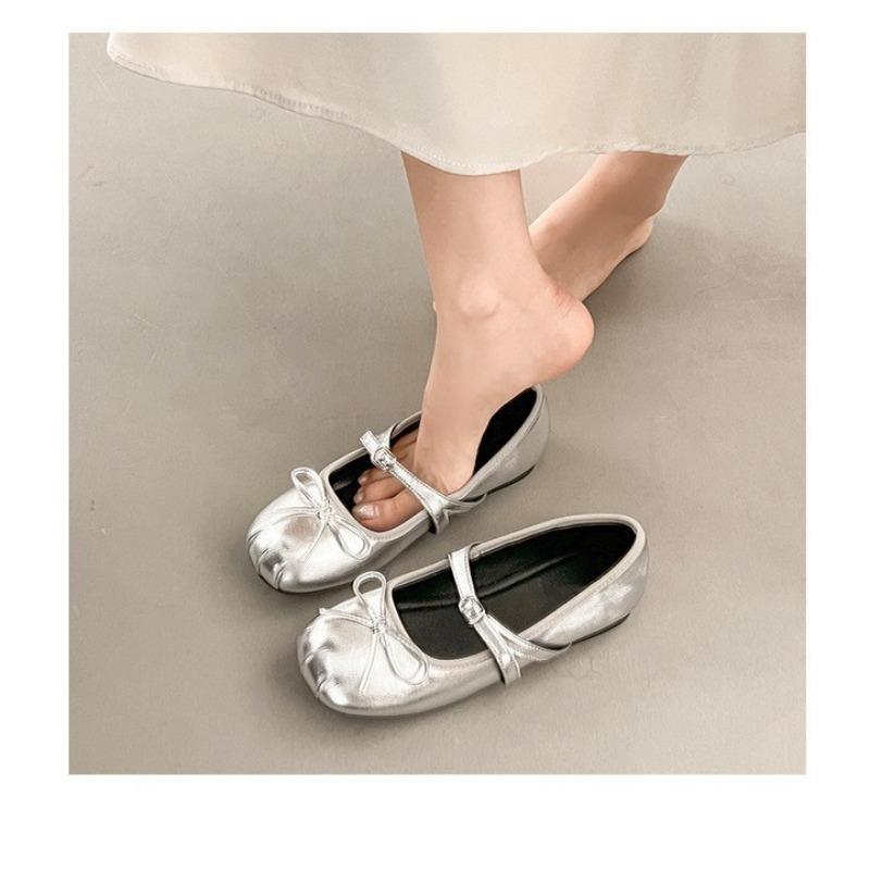 Retro ballet style flat bottom shallow mouth single shoes women's new summer one-pedal bow Mary Jane shoes