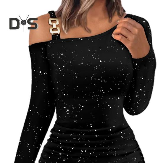 Abito da donna autunno-primavera, monospalla, manica lunga, catena elastica, decorazione, tubino, vita stretta, pieghe, paillettes, vestibilità slim sopra il ginocchio, mini abito da club per feste