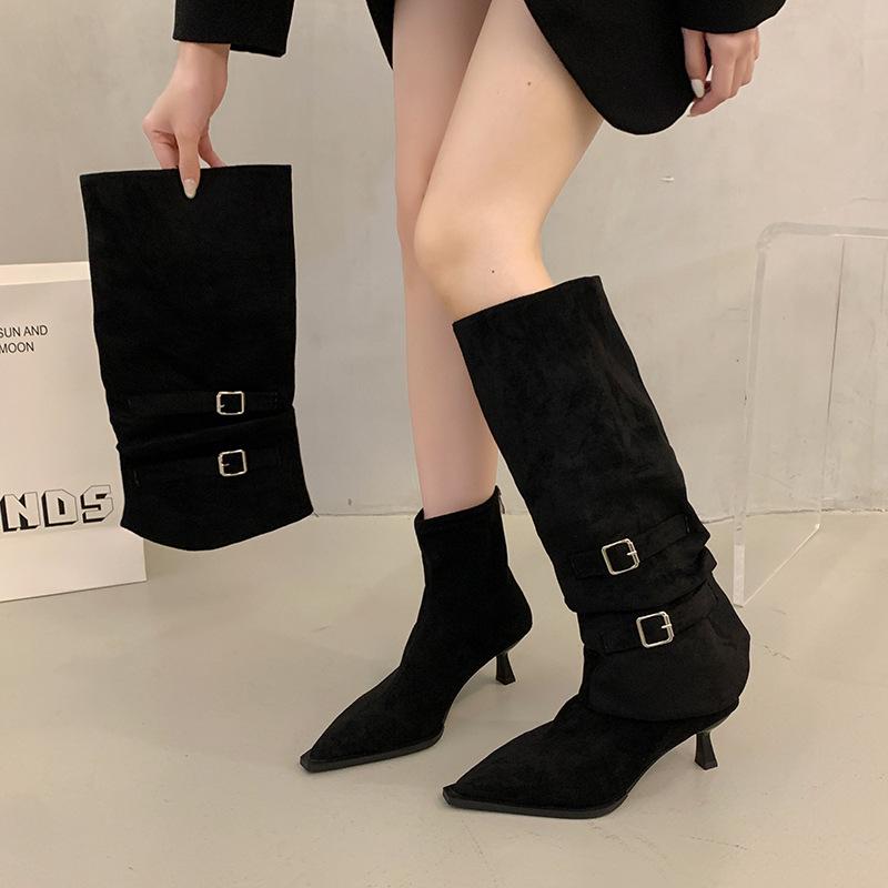 2025 Autumn and Winter New Pointed But Knee Belt Buckle Thin Heel Medium Heel Boots High Heel Boots High Boots Brown Velvet