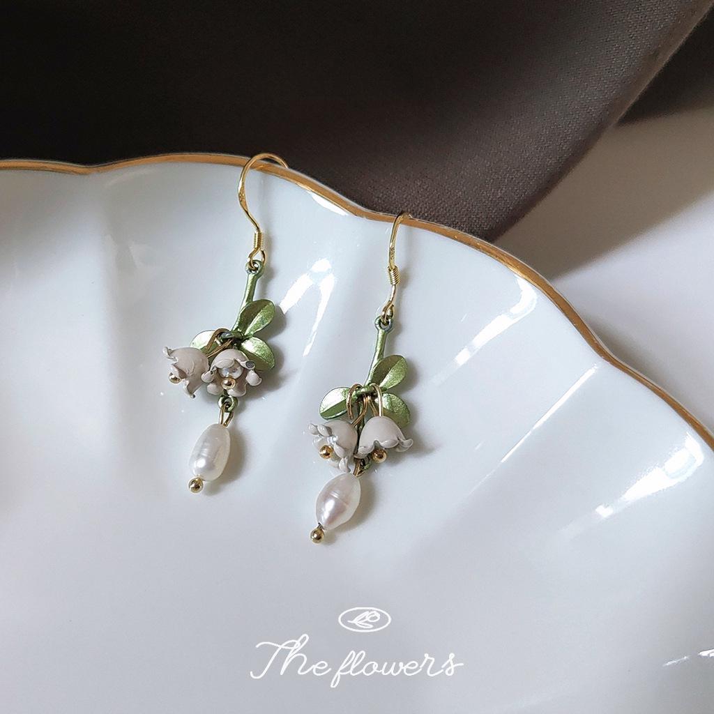 Lily of the Valley Silver-Plated Earrings with Green Tassel and Freshwater Pearl