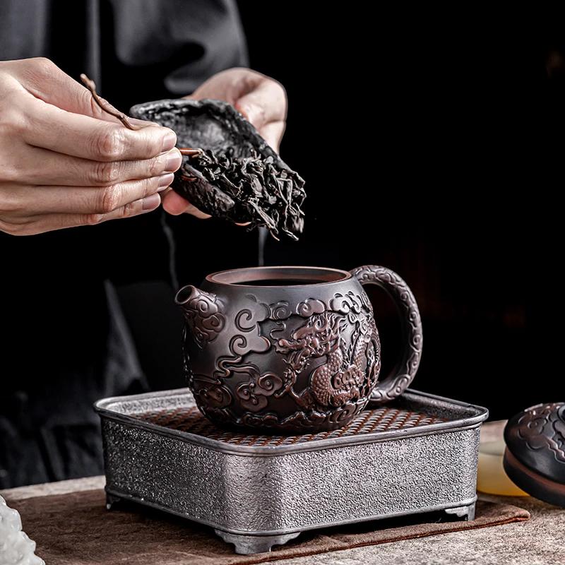 Retro Carving Purple Pottery Teapot Ceramic Household Kettle Pot Kung Fu Tea Set  Pure Handmade Teapot Teapot for Tea Puer Tea