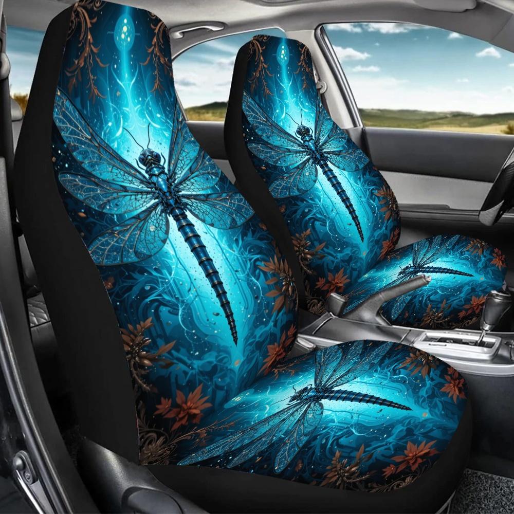 2pz Coprisedili Magici Blu con Libellula - Stampa Vibrante Blu & Arancione con Libellula, Poliestere Resistente, Adatti per Auto, SUV, Berlina
