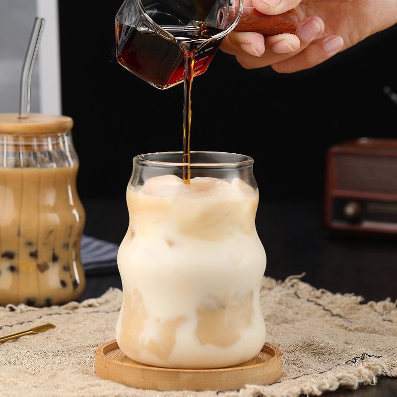 Ins Glass Cup Heat-resistant Drinkware Transparent Tea Juice Milk Coffee Mug Home Water Glasses Stripe Mug With Lid and Straw