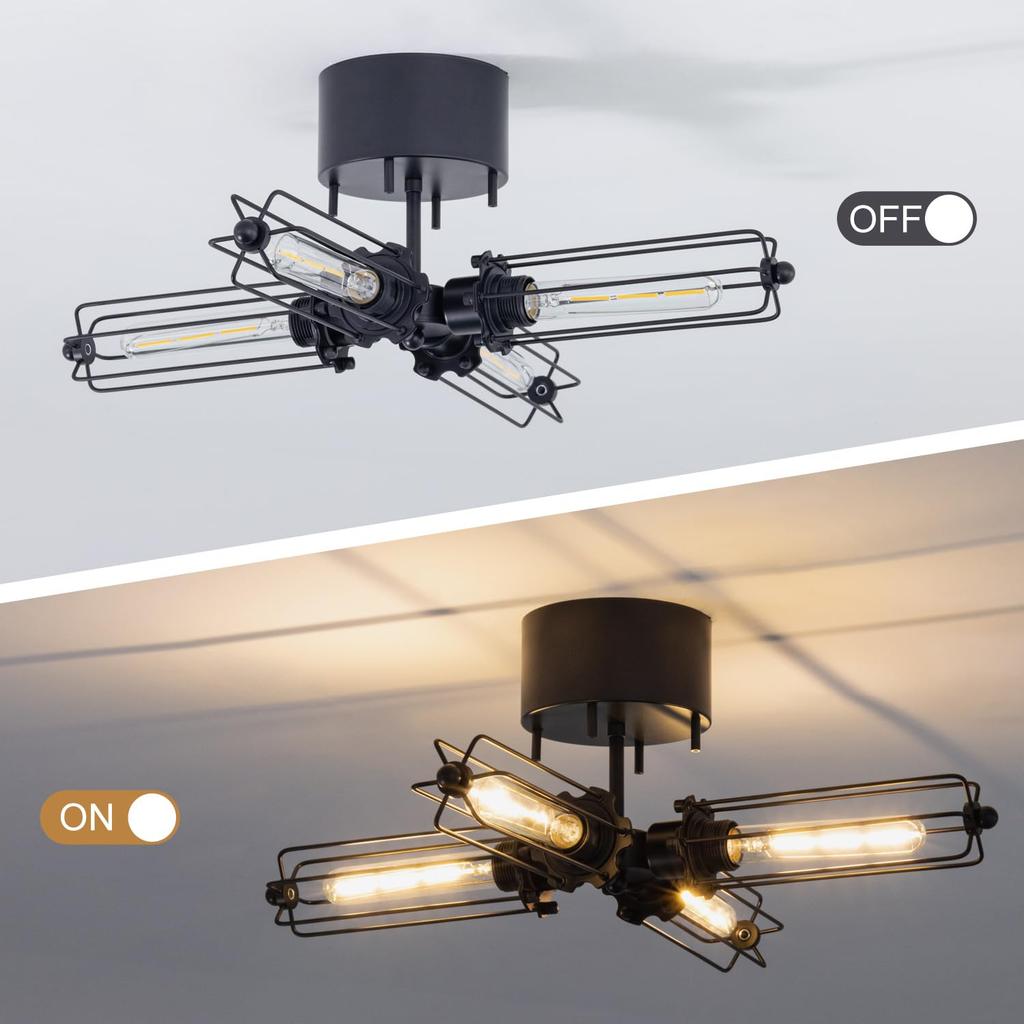 Nordic style ceiling LED for living dining black 4-light light, stylish, antique-style lighting, simple, compatible, cafes, children's rooms,