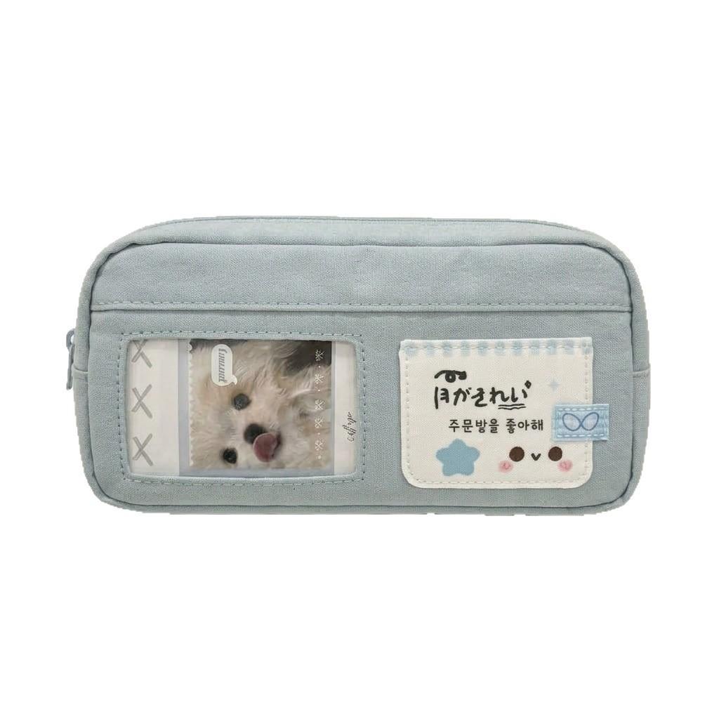 Blue White Cat Pencil Case With Canvas Material For Students And Office Use