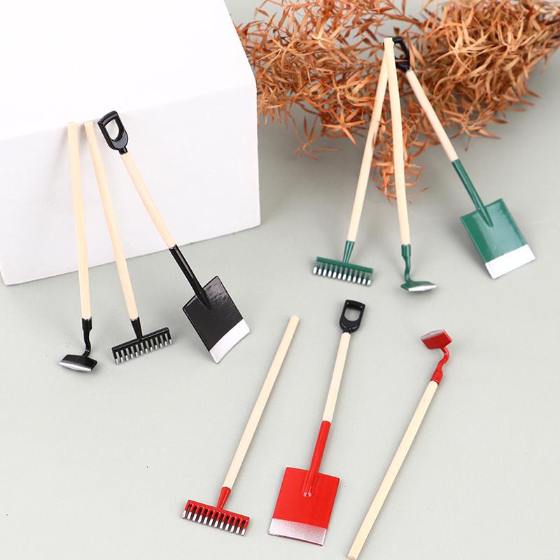 3Pcs 1:12 Dollhouse Miniatures Gardening Shovel Rake Hoes Farm Tool Doll Decor Fairy Garden Accessories Furniture Toys
