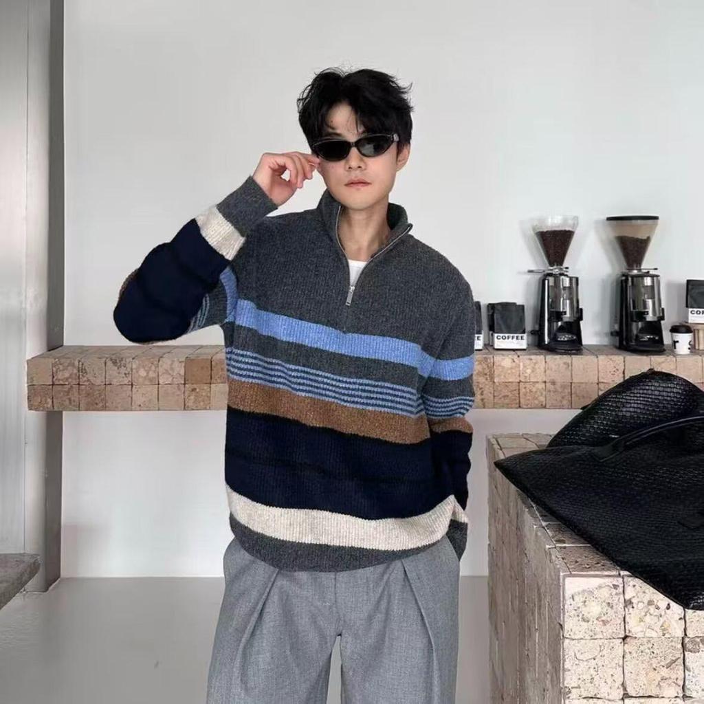 Men's Half-Zip Cross-Collar Striped Sweater - Trendy Korean Style for Autumn/Winter