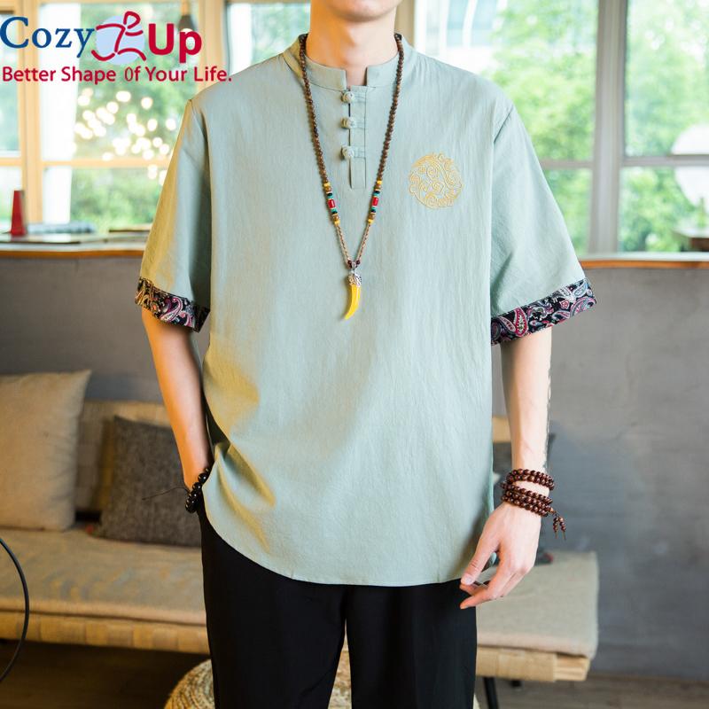Cozy Up Chinesischer Stil 1/2 Ärmel Freizeithemd Herren Slim Stehkragen Stickerei Baumwolle und Leinen