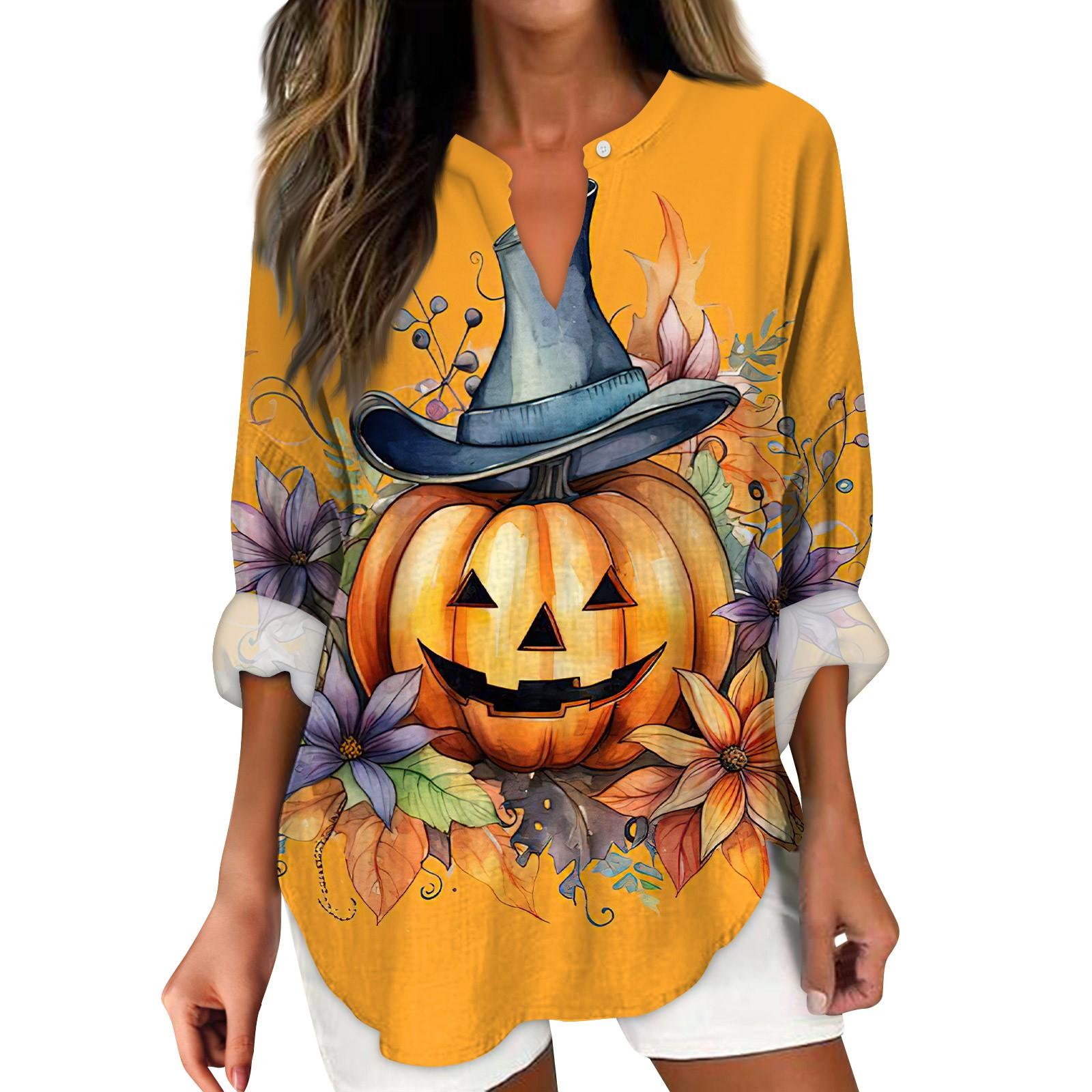 

Женские модные повседневные женские топы с v-образным вырезом и заниженными плечами и принтом на Хэллоуин XL