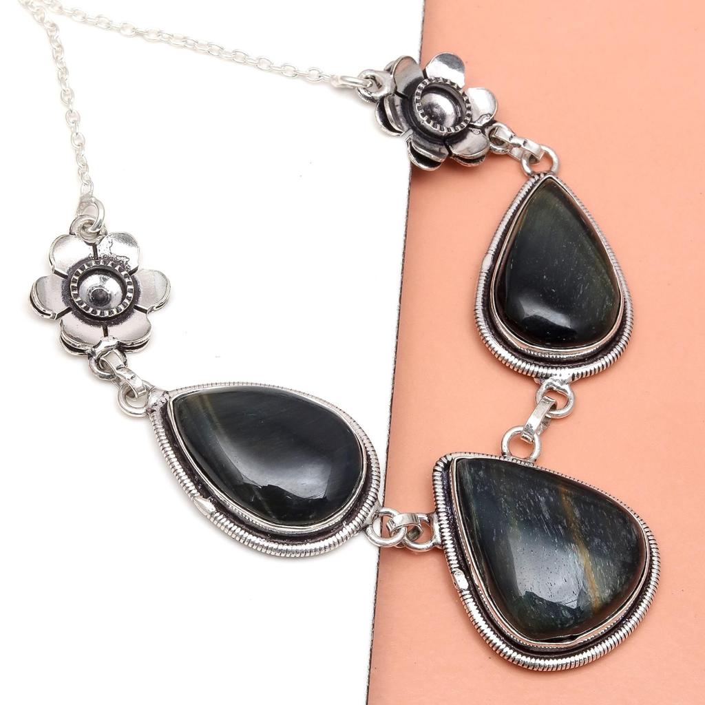 Black Tiger'S Eye Gemstone Mother's Day Silver Jewelry Necklace 20 In