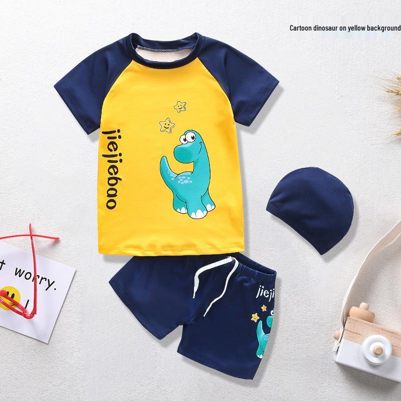 Cartoon Boys' Toddler Sun Protection Quick-Dry Swimsuit Set with Swim Cap