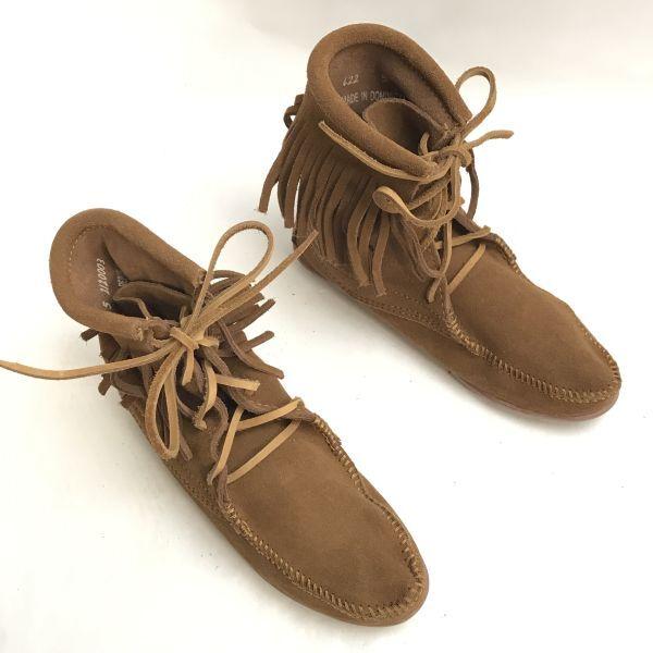 Rozpakowane MINNETONKA Skórzane Zamszowe Kozaki z Frędzlami 5/22.0 Brązowe Buty(UŻYWANY)