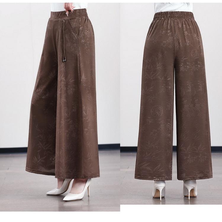 Middle Aged and Elderly Women's Wide Leg Pants Summer Loose Chinese Style Pants Retro Printed Skirt Pants