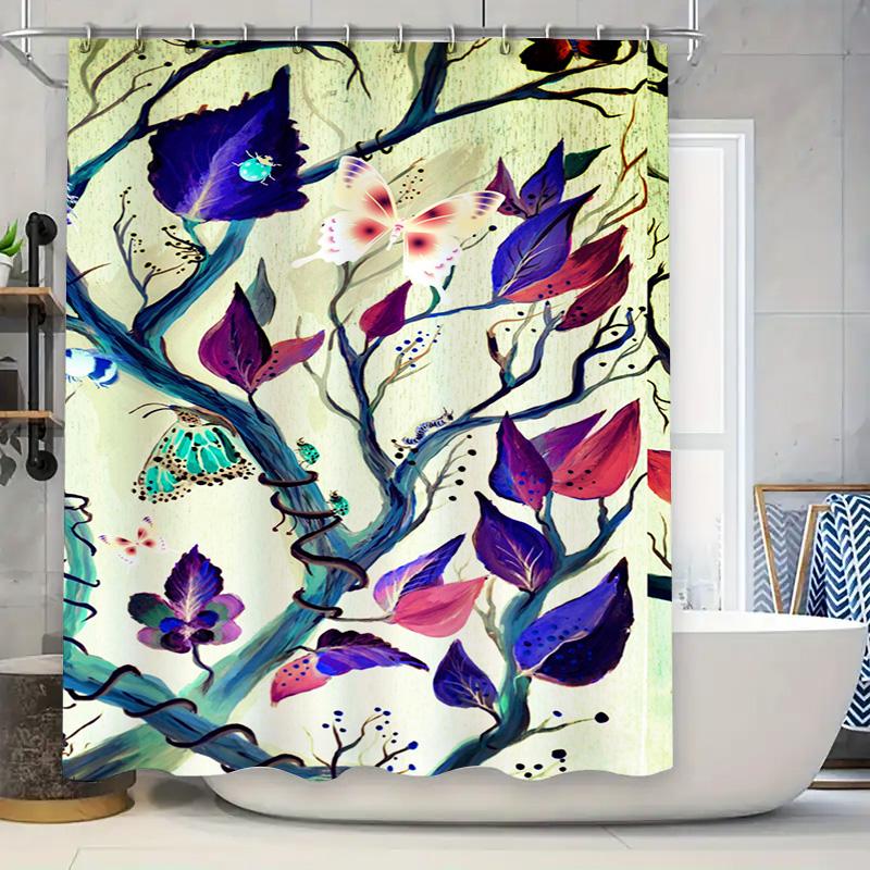 

Vibrant Butterfly Leaf Shower Curtain for Bathroom Decor: Waterproof Fabric with Blue Green Pink Red Purple Floral Design, White 90x180cm