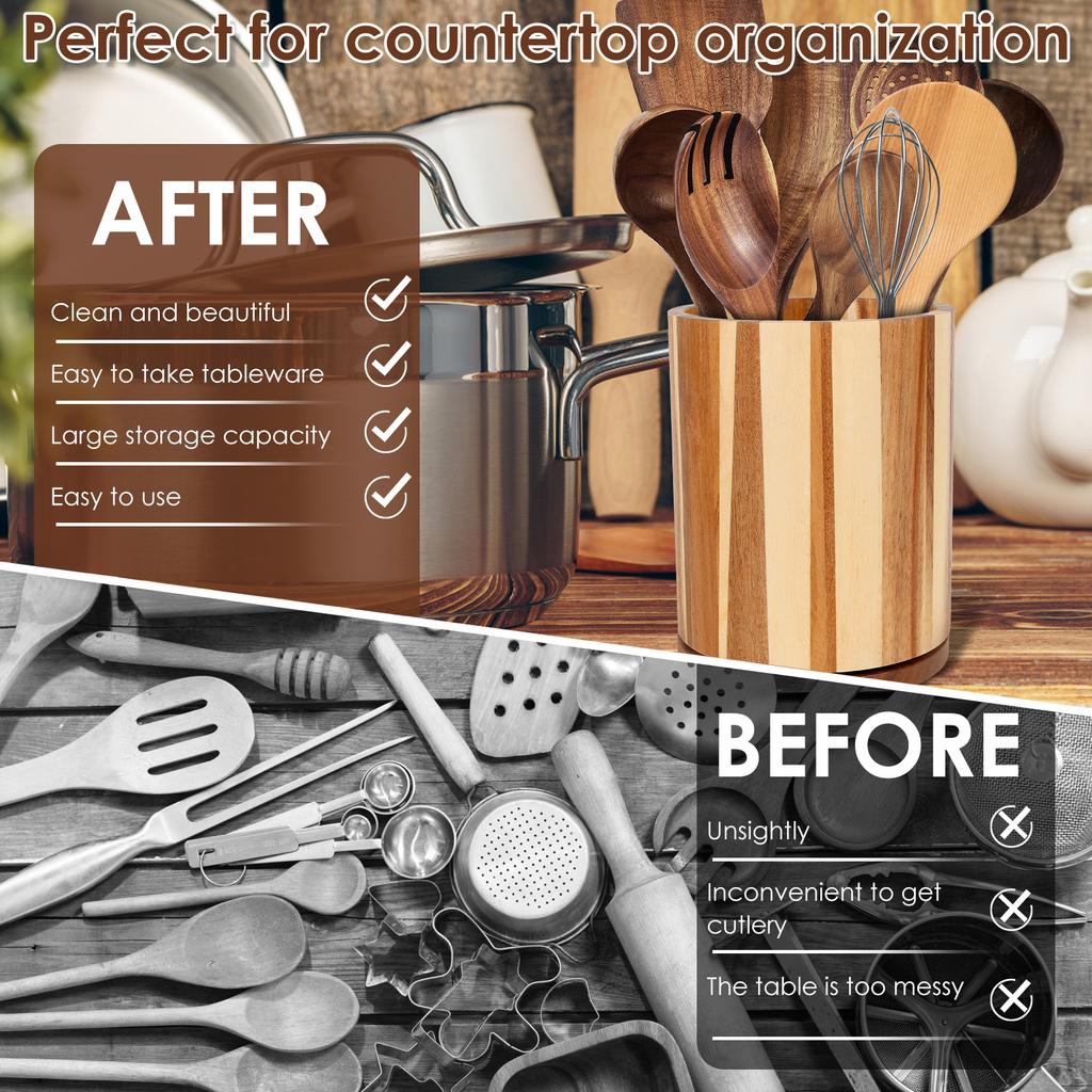 360° Rotating Wooden Utensil Holder Cooking Utensil Crock Waterproof Kitchen Cutlery Organizer for Countertop Utensil Holder