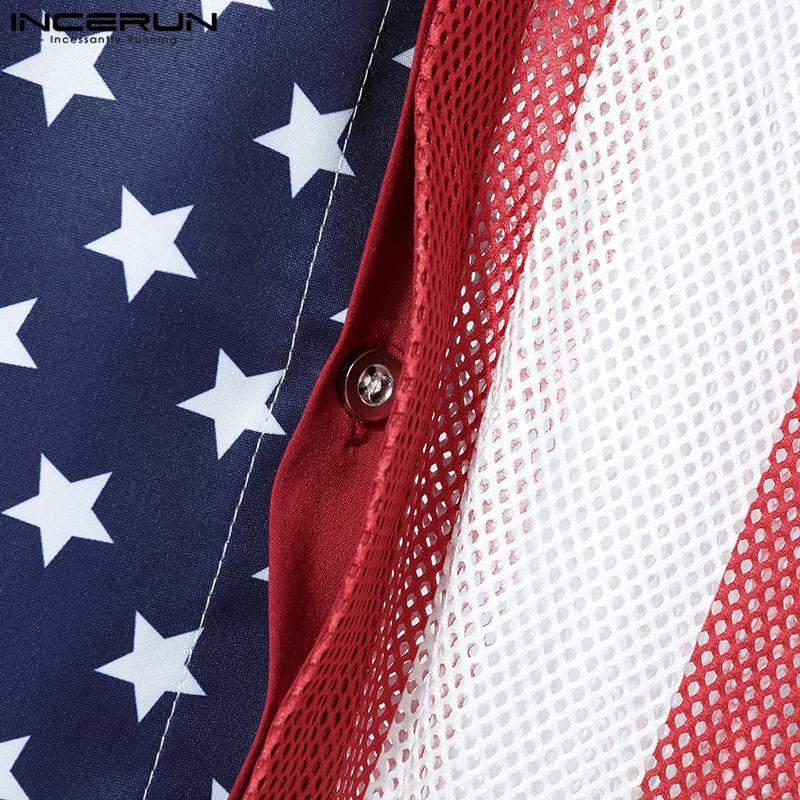 INCERUN Summer Men Lapel Tassel Sleeve Stitching Print Mesh Sheer Casual Tank Tops