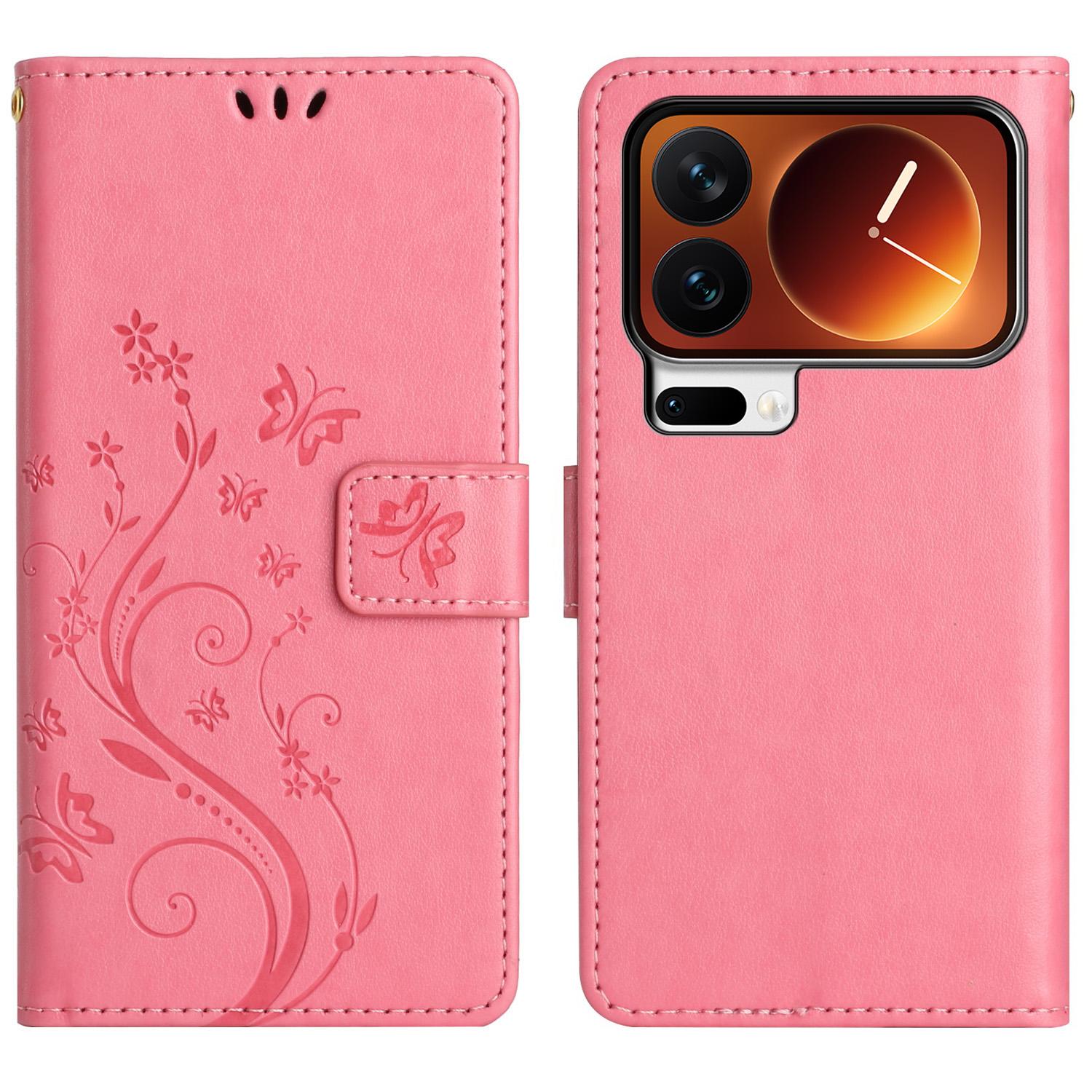 

For Xiaomi 17 Pro Max Leather Wallet Case Butterfly Flower Imprinted Phone Cover with Strap