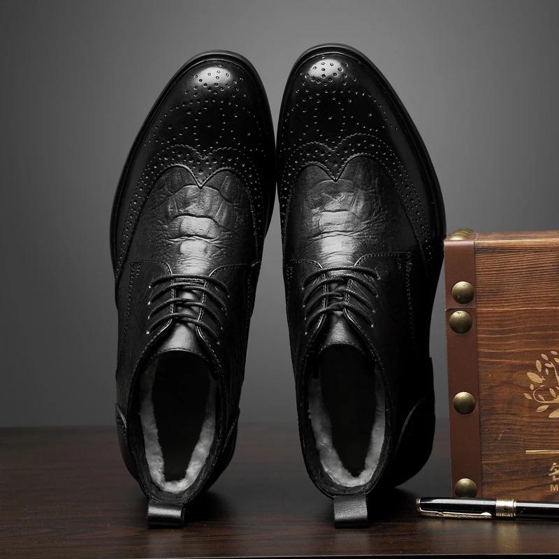 Fashion Luxury Brand Mens Boots Crocodile Style Genuine Leather Men Winter Shoes Black Cow Leather Business Dress Boots Man Warm Oxfords