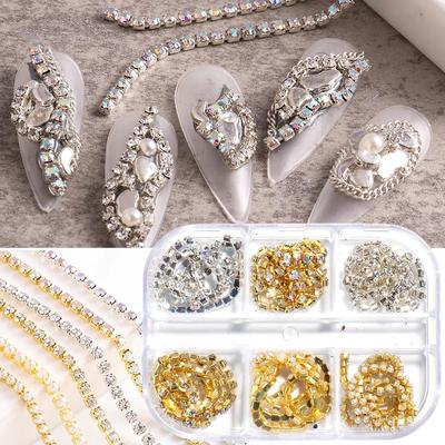 6 Grids/box Pearl Gem Studs Chain Nail Art Ornament Nail Accessories Nail Art Decoration
