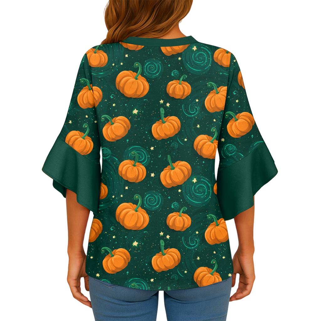Women's V-neck Seven Quarter Sleeved Shirt Halloween Printed Top Casual Shirt