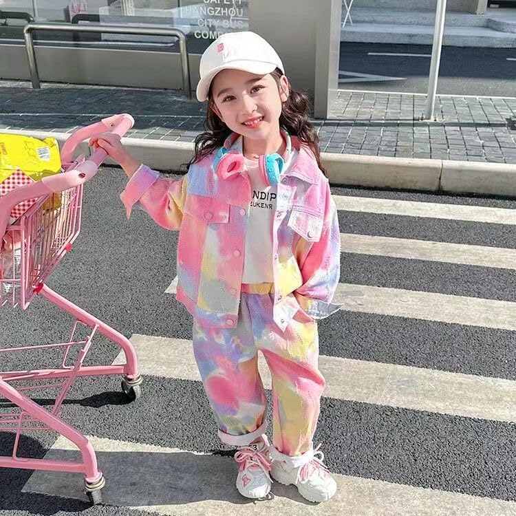 Îmbrăcăminte Denim Fete Set 2 Piese Set Copii Top Jersey și Pantaloni Fete Pantaloni Lungi Jachetă Denim Costum Dans Mânecă Lungă Tie Dye Hip Hop Larg