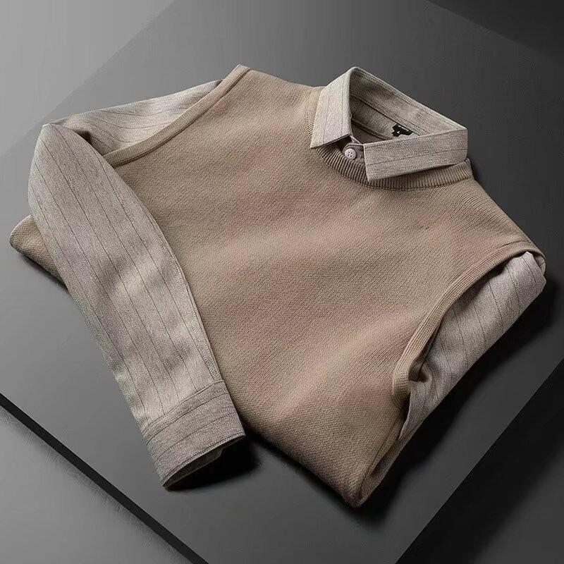 British Style Men's Knitwear: Casual Loose Patchwork Sweater with Shirt Collar, Autumn-Winter Bestseller