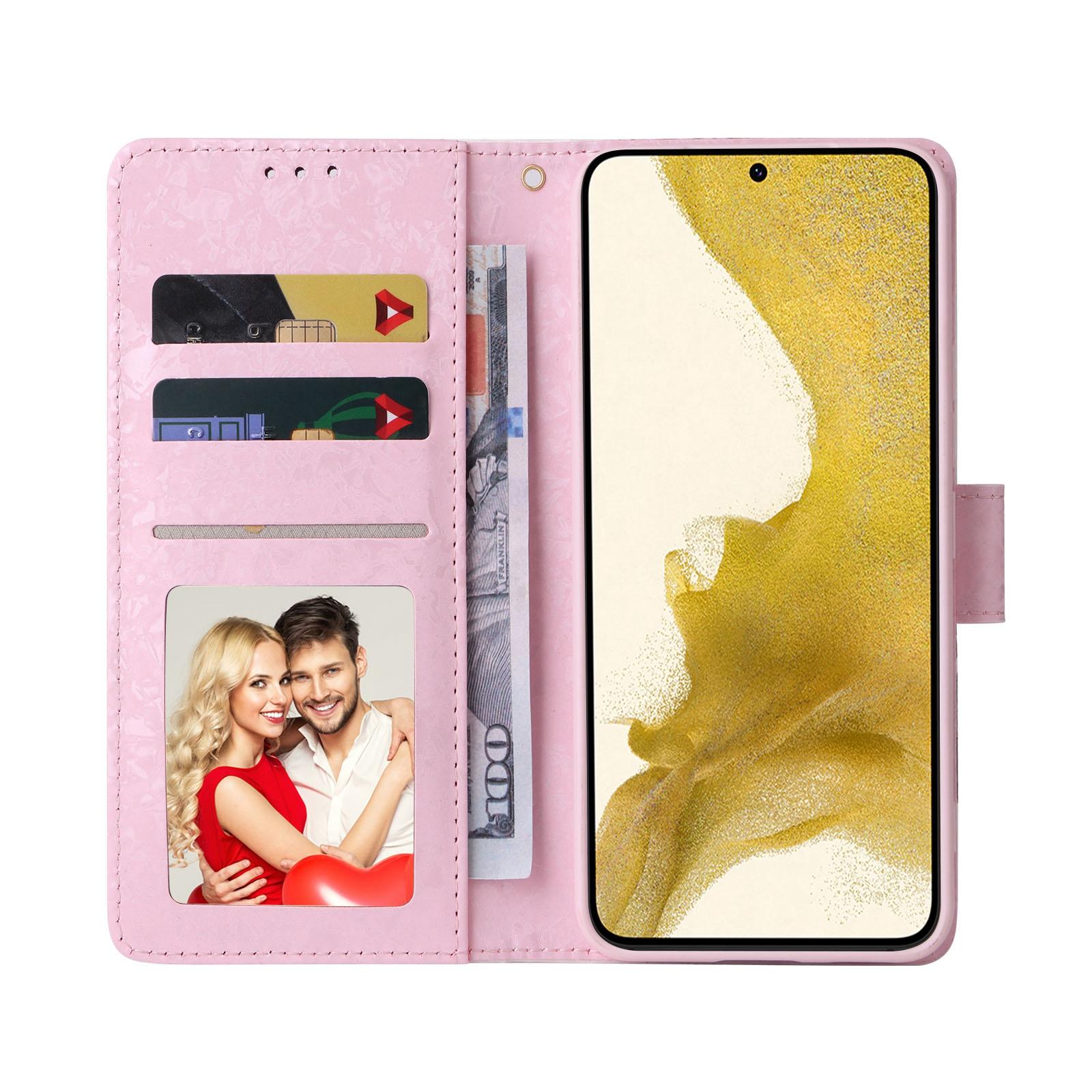 

For Samsung Galaxy S23+ Stylish Lacquered PU Leather Phone Protective Case RFID Blocking Wallet Foldable Stand Cover Small Flower