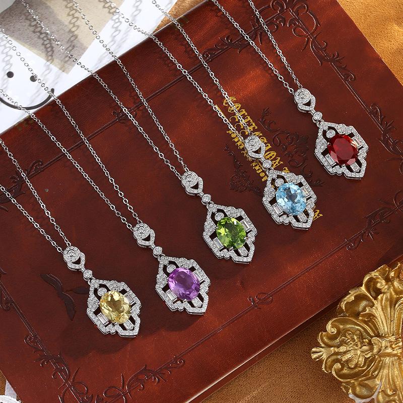 Natural Peridot Retro Pendant S925 Sterling Silver Necklace Women's Light Luxury Crystal Clavicle Chain Jewelry