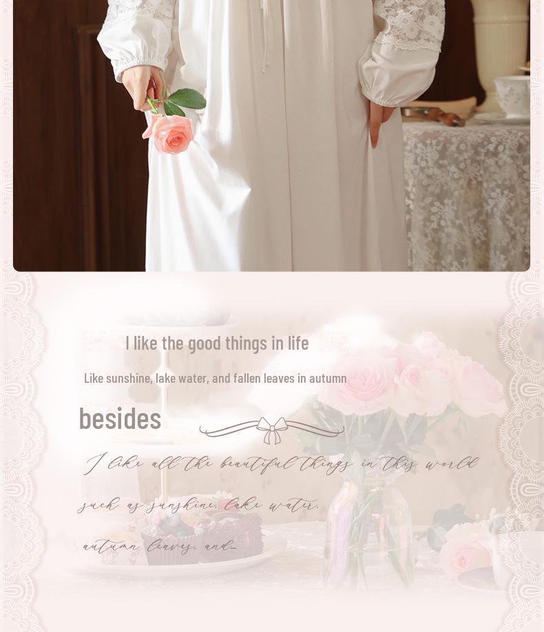 Langärmliges Damen-Nachthemd aus Baumwolle – französische Spitze, Prinzessinnen-Stil, vielseitig für drinnen und draußen, perfekt für Herbst/Winter.