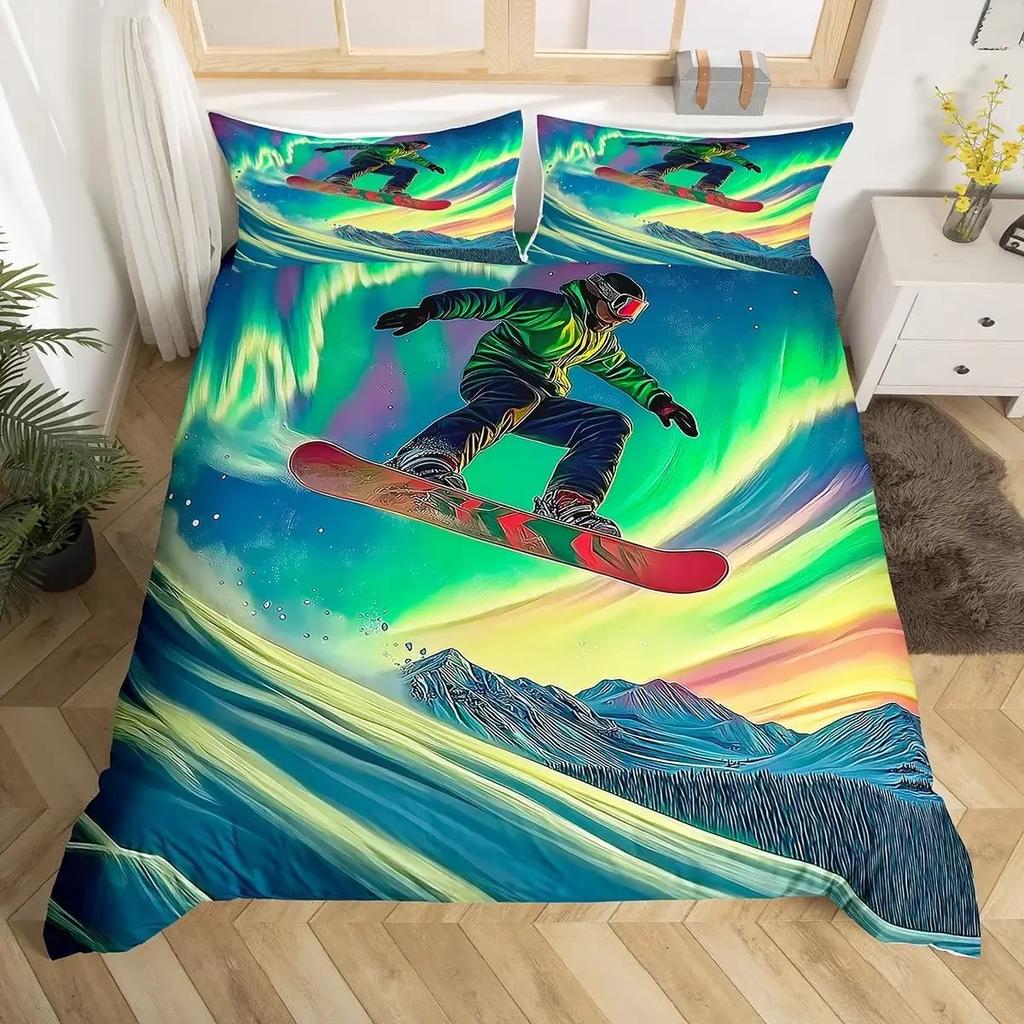 Ski Sports Duvet Cover Queen For Boy Teen Winter Sports Ski Theme Comforter Cover Microfiber Snow Mountain Landscape Bedding Set