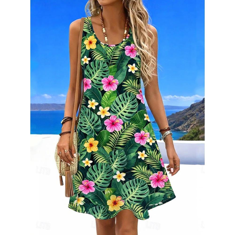 Women's Flowers and Plants Pattern Printed Sleeveless Round Neck Dress Loose Soft and Comfortable Plus Size Dress