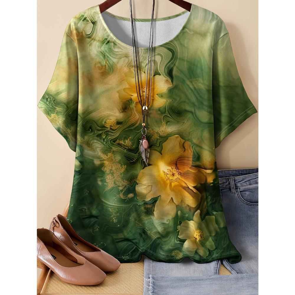 Summer Womens Retro Pattern 3D Printed Color Flowers T-shirt Loose Comfortable Soft Breathable Large Size Fashion O-neck T-shirt