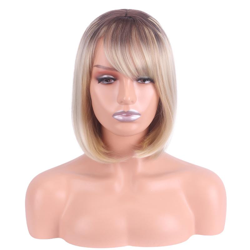 Ladies Short Bob Synthetic Wigs for Women Ombre Brown Blonde Wig With Bangs Natural Looking Cosplay Party Daily Heat Resistant Fiber Wigs