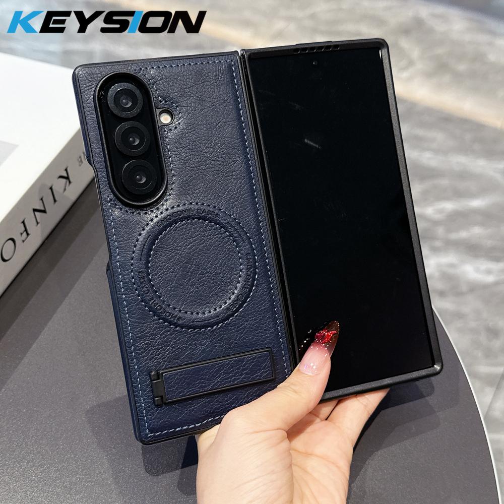 KEYSION Luxus PU Leder Magnetische Hülle für MagSafe für Samsung Galaxy Z Fold 7 5G Ständer Kabelloses Laden Handy Rückseite