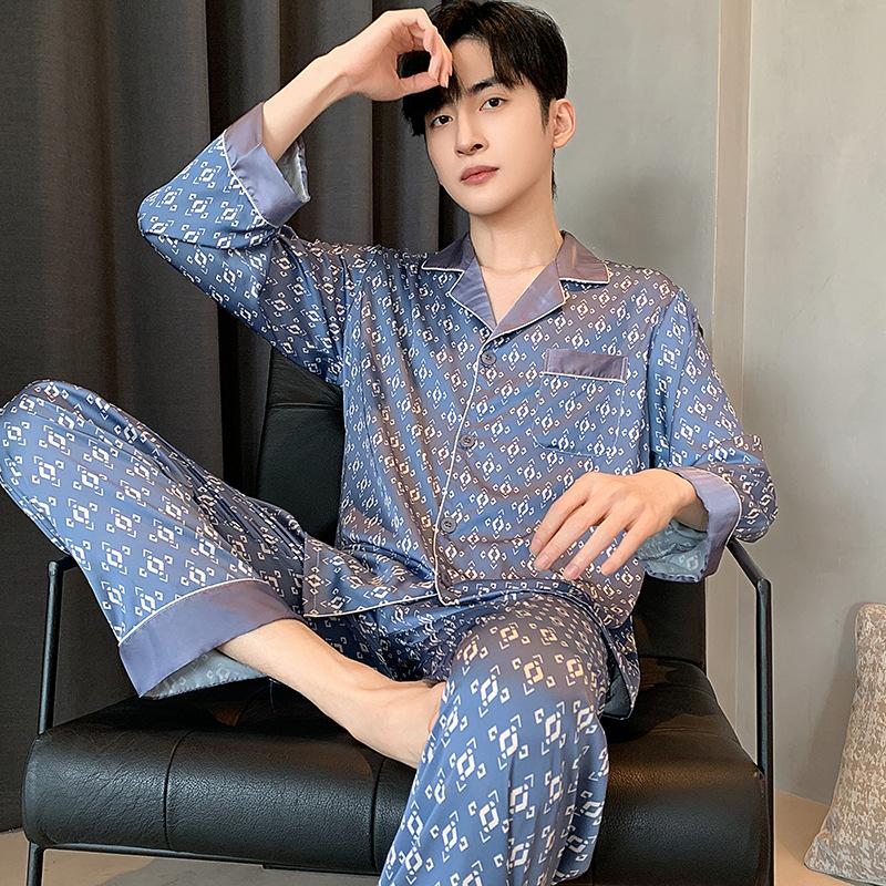 Conjunto de Pijama para Hombre Primavera Otoño Seda de Hielo Cárdigan de Manga Larga Ropa de Dormir de Satén para Exterior Masculino Ropa de Casa Verano