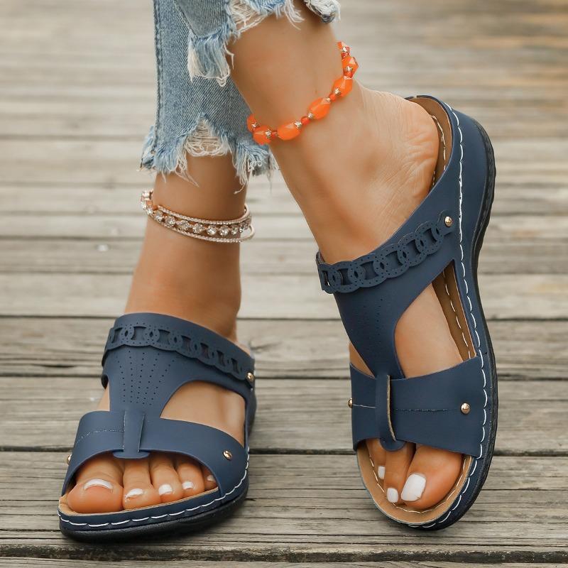 

Summer retro round head foot cover sandals women s car line slope heel hollow large size metal sandals 43 тёмно-синий