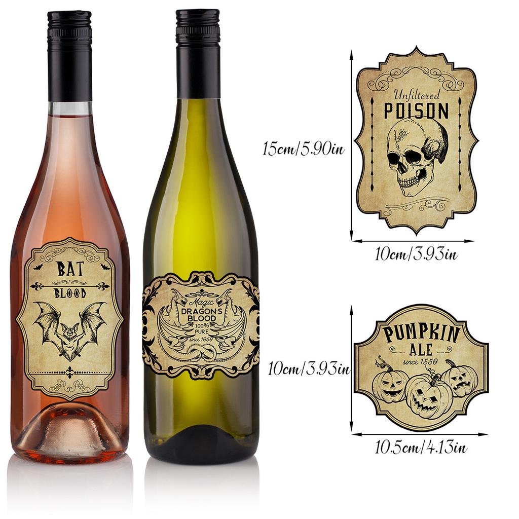 Pack of 12 Halloween Wine Bottle Stickers Vintage Apothecary Design Waterproof Paper for Party Decor