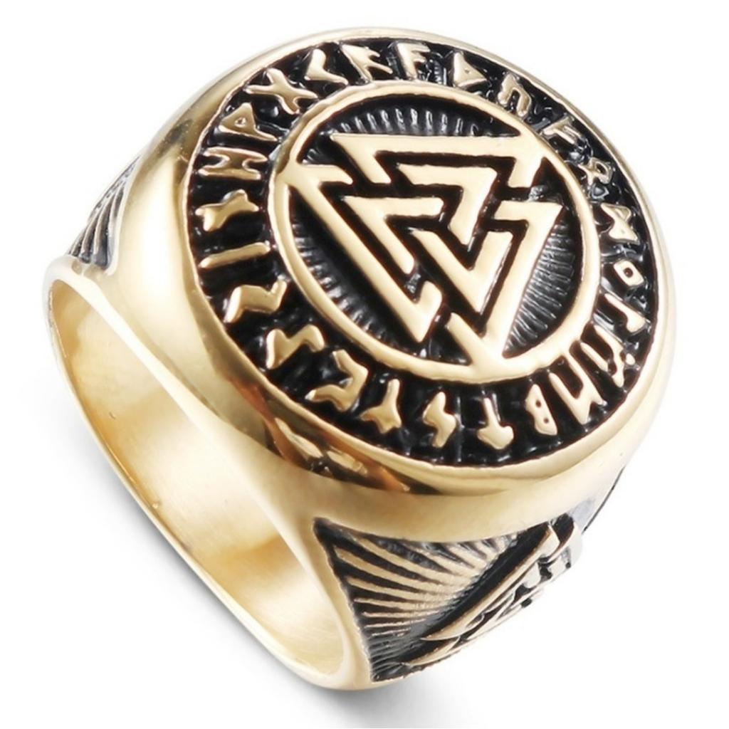 Fashion Punk Mens Gold and Silver Color Viking Stainless Steel Biker Rings Vikings Triangle Odin Nordic Jewelry Size 7-14