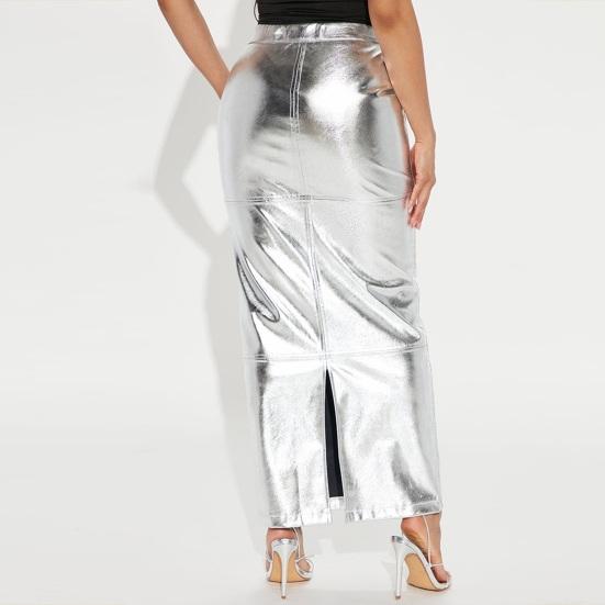Buy Women Long Skirt Glossy Smooth Faux Leather Split Hem Slim Fit