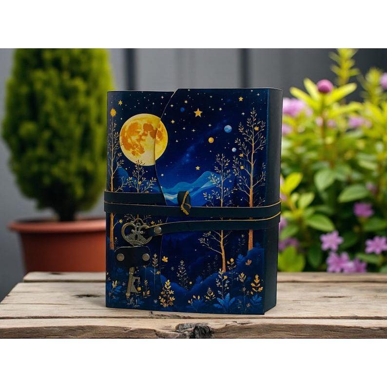 Moon phase Forest Leather Journal with Key | Moonlit Witchy Grimoire | Deckle Paper Book of Shadows | Gift for Her/Him