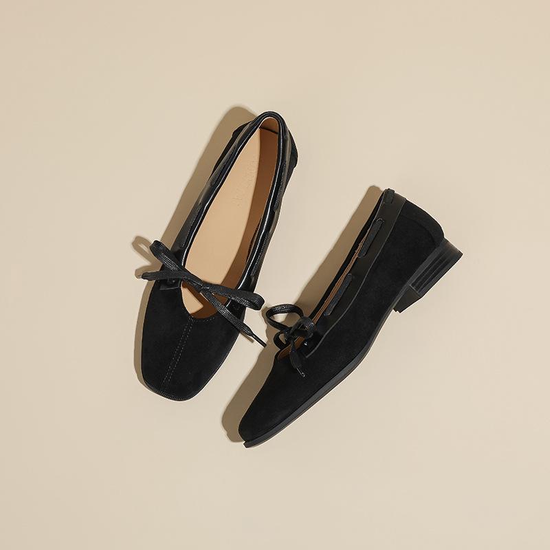 Retro suede British style flat Mary Jane women's shoes bow ballet shoes one pedal shallow mouth square head single shoes