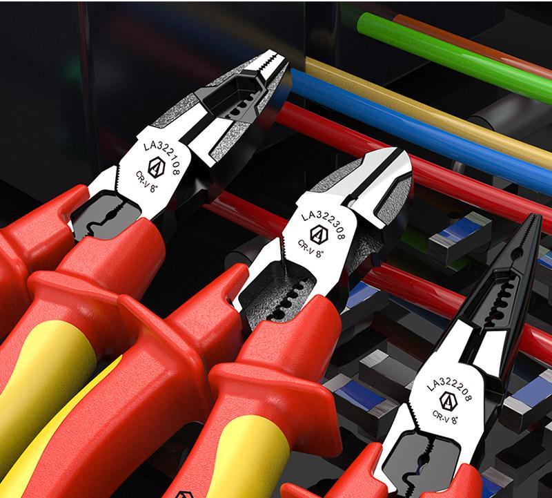 High Voltage Insulated Needle-Nose Electrician Pliers, 1000V, for Cutting, Crimping, Stripping, Angled Use.
